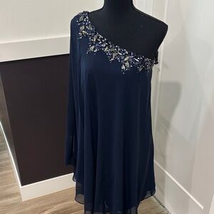 Cache Navy One-Shoulder Beaded Cocktail Dress- timeless